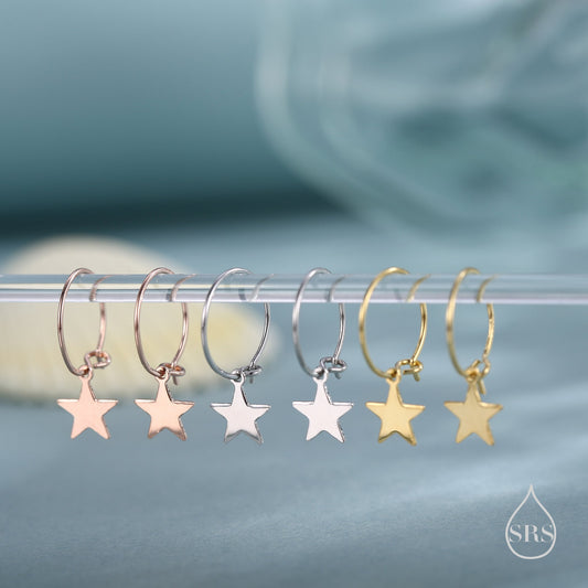 Very Minimalist Star Hoop Earrings in Sterling Silver, Silver, Gold or Rose Gold Finish,  Two Sizes Available.