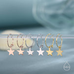 Very Minimalist Star Hoop Earrings in Sterling Silver, Silver, Gold or Rose Gold Finish, Two Sizes Available.
