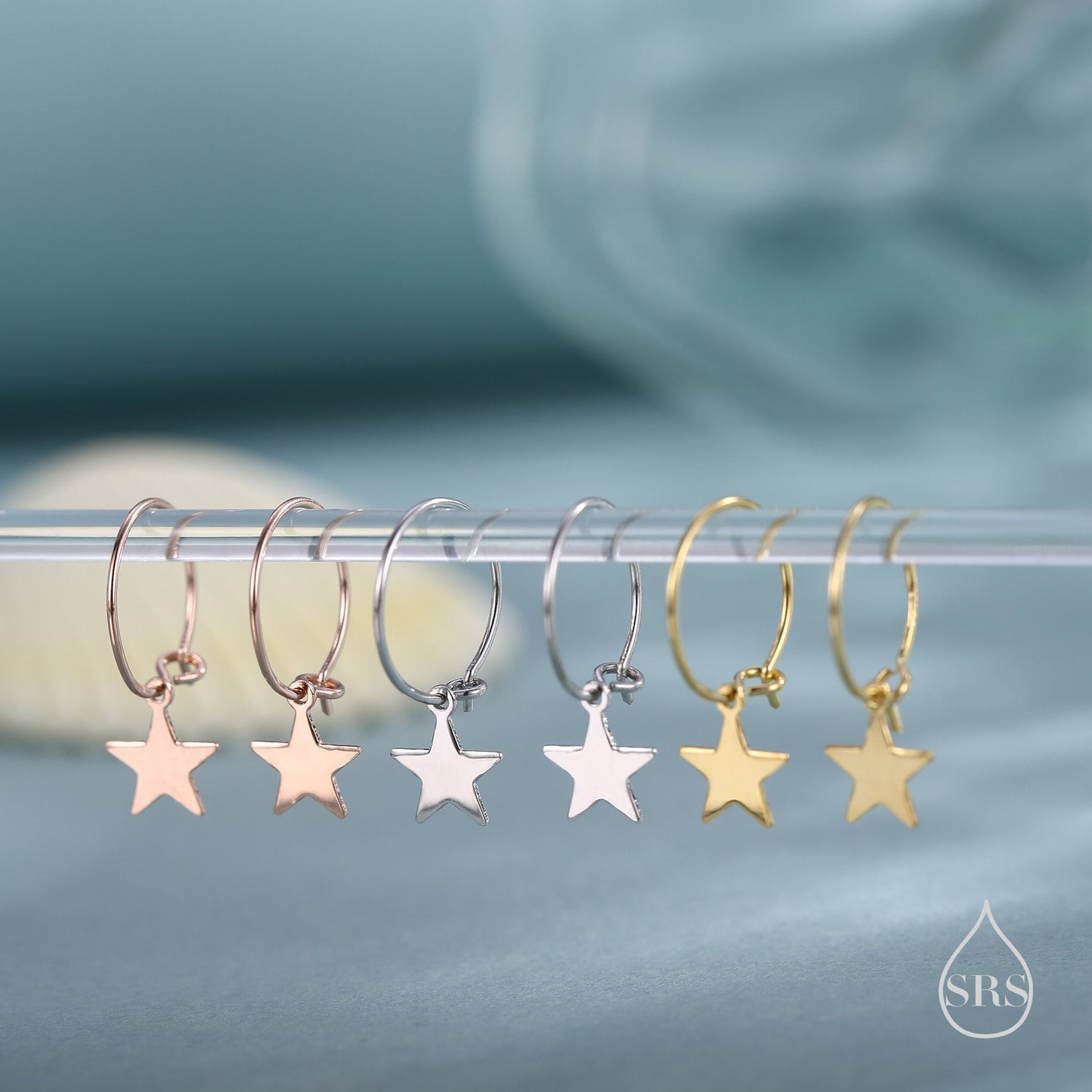 Very Minimalist Star Hoop Earrings in Sterling Silver, Silver, Gold or Rose Gold Finish, Two Sizes Available.