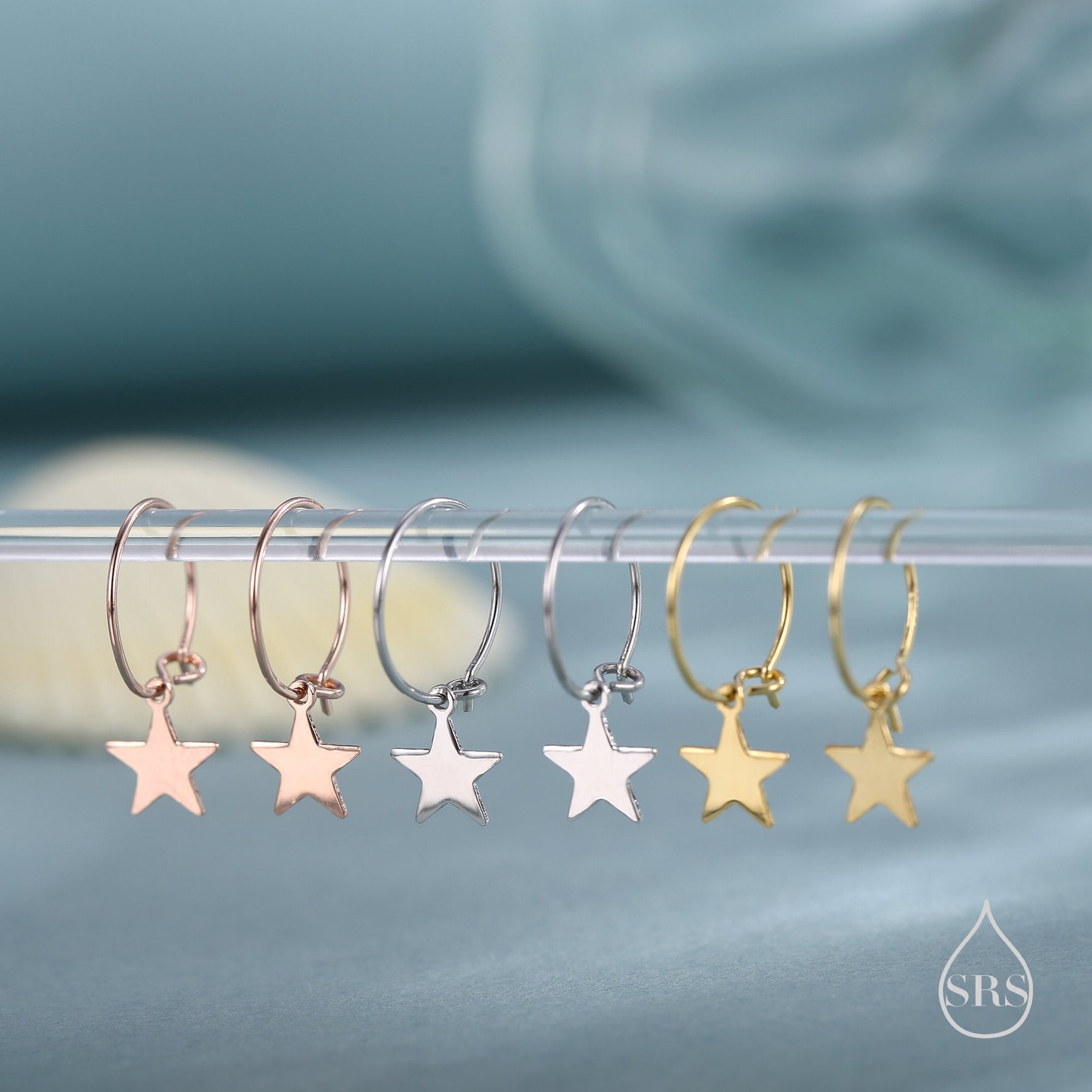 Very Minimalist Star Hoop Earrings in Sterling Silver, Silver, Gold or Rose Gold Finish, Two Sizes Available.