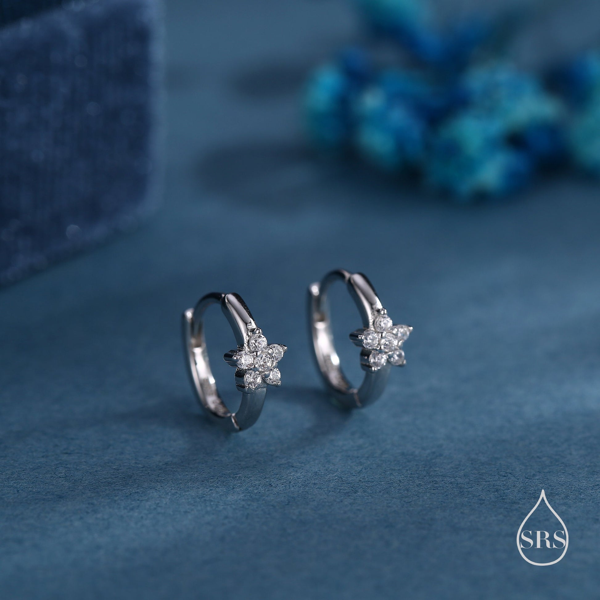 Tiny CZ Flower Huggie Hoops, CZ Hoop Earrings, Crystal Flower Huggie Earrings