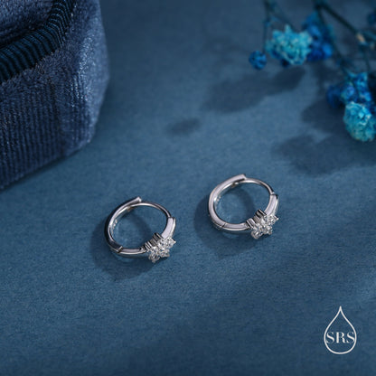 Tiny CZ Flower Huggie Hoops, CZ Hoop Earrings, Crystal Flower Huggie Earrings