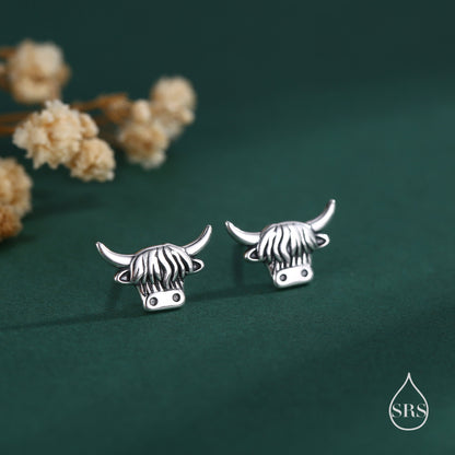 Delicate Highland Cow Stud Earrings in Sterling Silver, Silver or Gold or Rose Gold, Cute Bull Earrings, Cow Earrings, Scottish Design