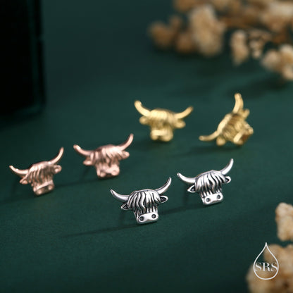 Delicate Highland Cow Screw Back / Stud Earrings in Sterling Silver, Silver or Gold or Rose Gold, Cow Cattle Earrings, Scottish Design