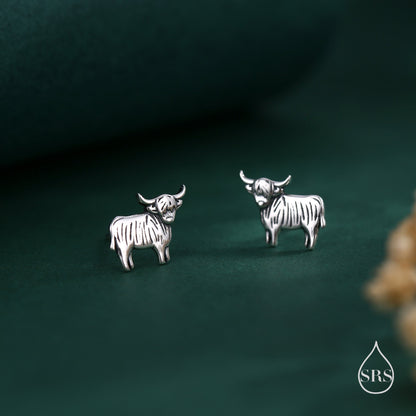 Small Pair of Highland Cow Stud Earrings in Sterling Silver, Silver or Gold or Rose Gold, Cute Bull Earrings, Cow Earrings, Scottish Design