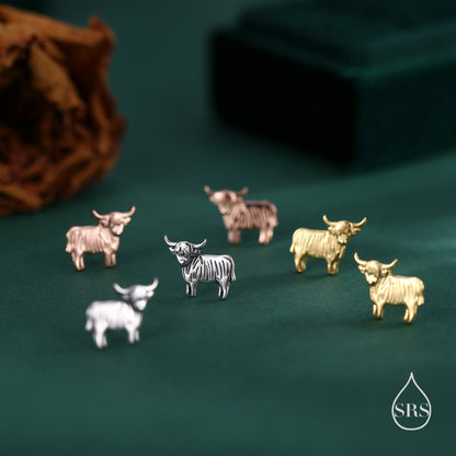 Small Pair of Highland Cow Stud Earrings in Sterling Silver, Silver or Gold or Rose Gold, Cute Bull Earrings, Cow Earrings, Scottish Design