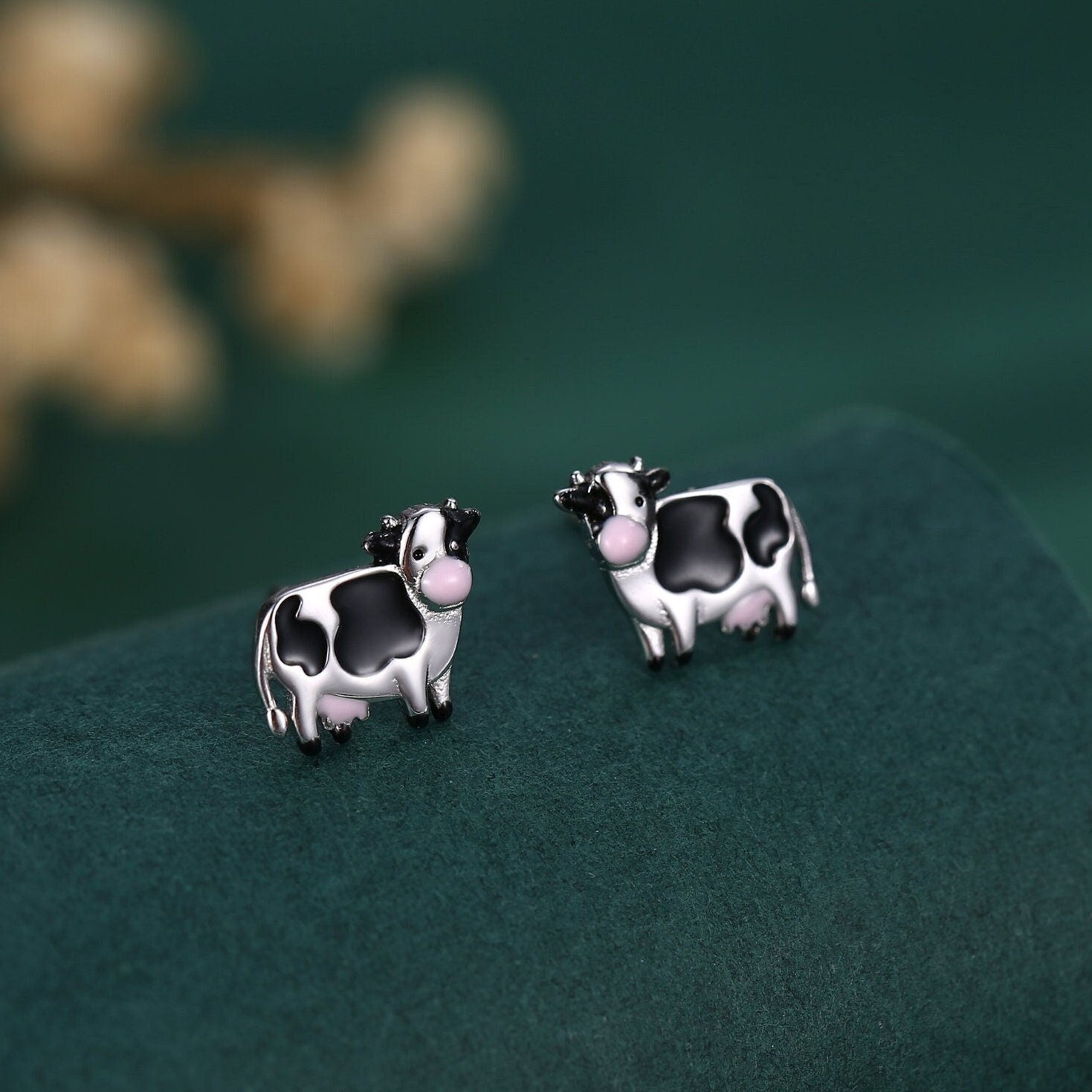Small Pair of Dairy Cow Stud Earrings in Sterling Silver - Farm Animal Stud Earrings  - Cute,  Fun, Whimsical
