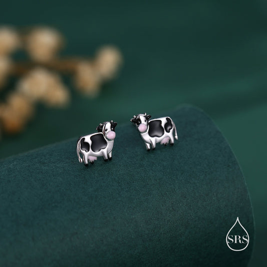 Small Pair of Dairy Cow Stud Earrings in Sterling Silver - Farm Animal Stud Earrings  - Cute,  Fun, Whimsical