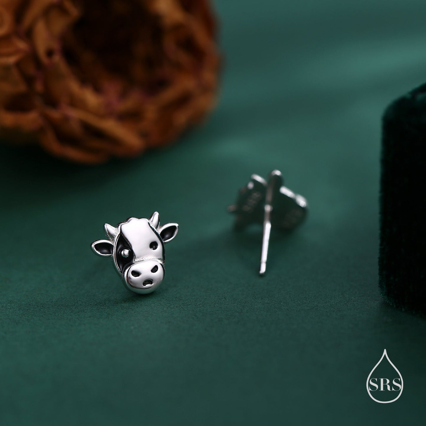 Small Pair of Dairy Cow Stud Earrings in Sterling Silver - Cute Farm Animal Stud Earrings - Cute, Fun, Whimsical