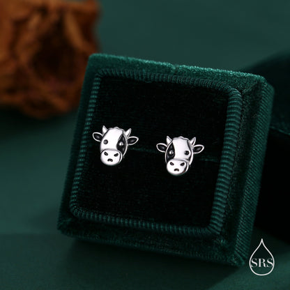Small Pair of Dairy Cow Stud Earrings in Sterling Silver - Cute Farm Animal Stud Earrings - Cute, Fun, Whimsical