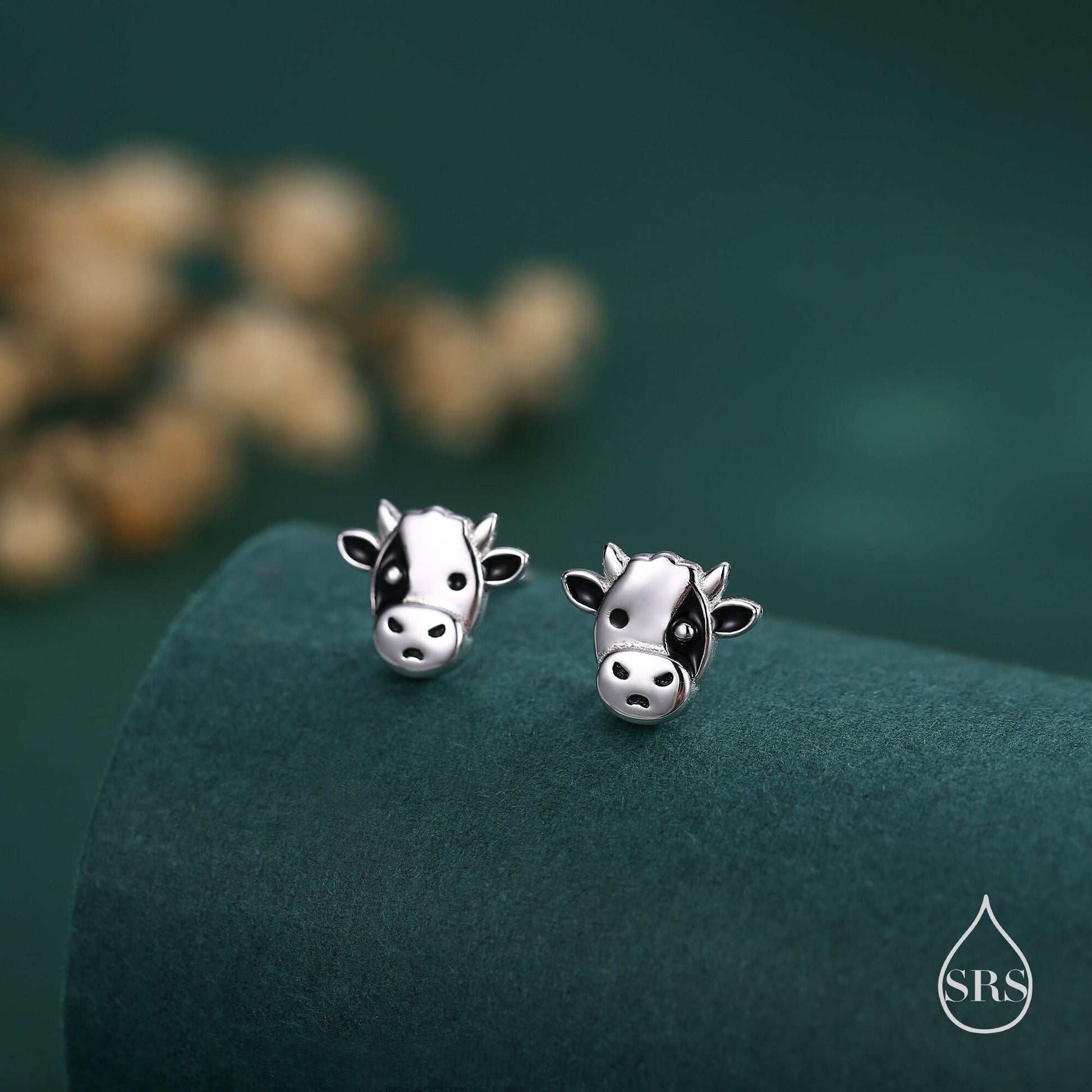 Small Pair of Dairy Cow Stud Earrings in Sterling Silver - Cute Farm Animal Stud Earrings - Cute, Fun, Whimsical