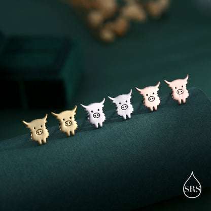 Baby Highland Cow Stud Earrings in Sterling Silver, Silver or Gold or Rose Gold, Cute Bull Earrings, Cow Earrings, Scottish Design