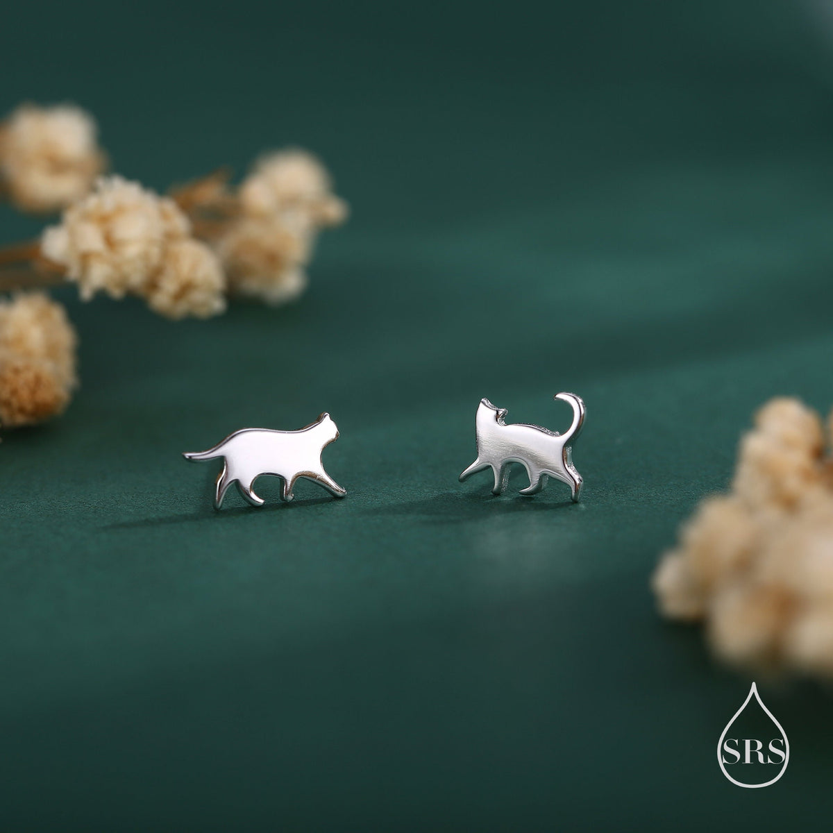 Sterling Silver Asymmetric Cat 18G Screw Back Stud Earrings