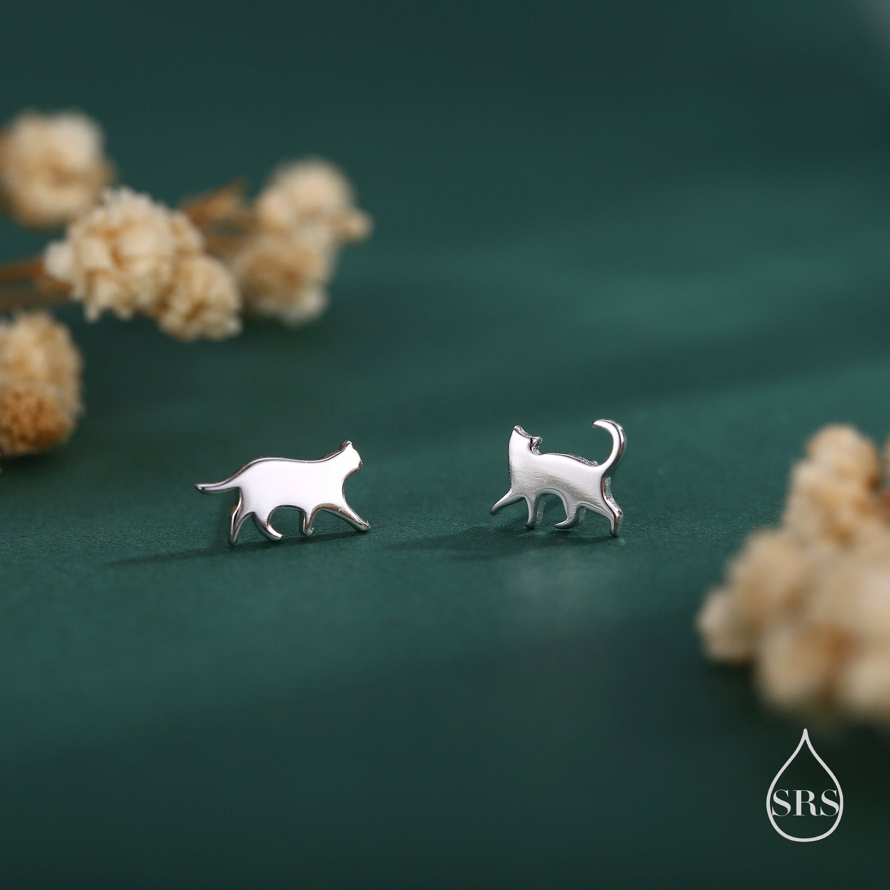 Sterling Silver Asymmetric Cat 18G Screw Back Stud Earrings
