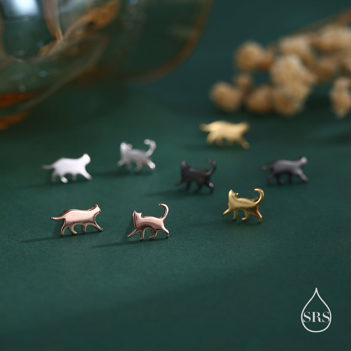 Sterling Silver Asymmetric Cat 16G Flat Back Labret Earrings, Animal