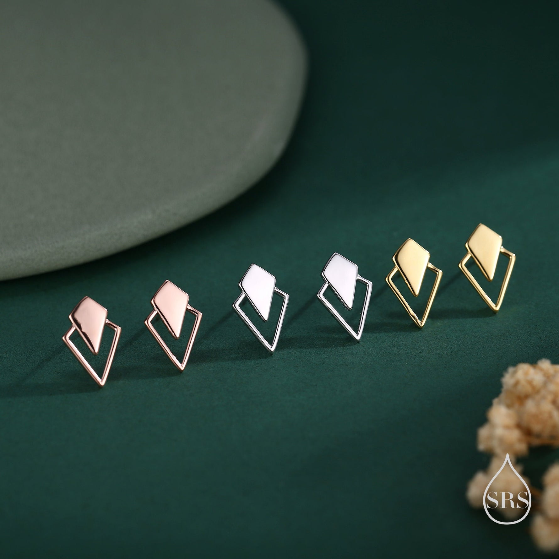 Art Deco Inspired Small Rhombus Stud Earrings in Sterling Silver, Silver or Gold or Rose Gold, Tiny and Delicate Triangle Rhombus Earrings