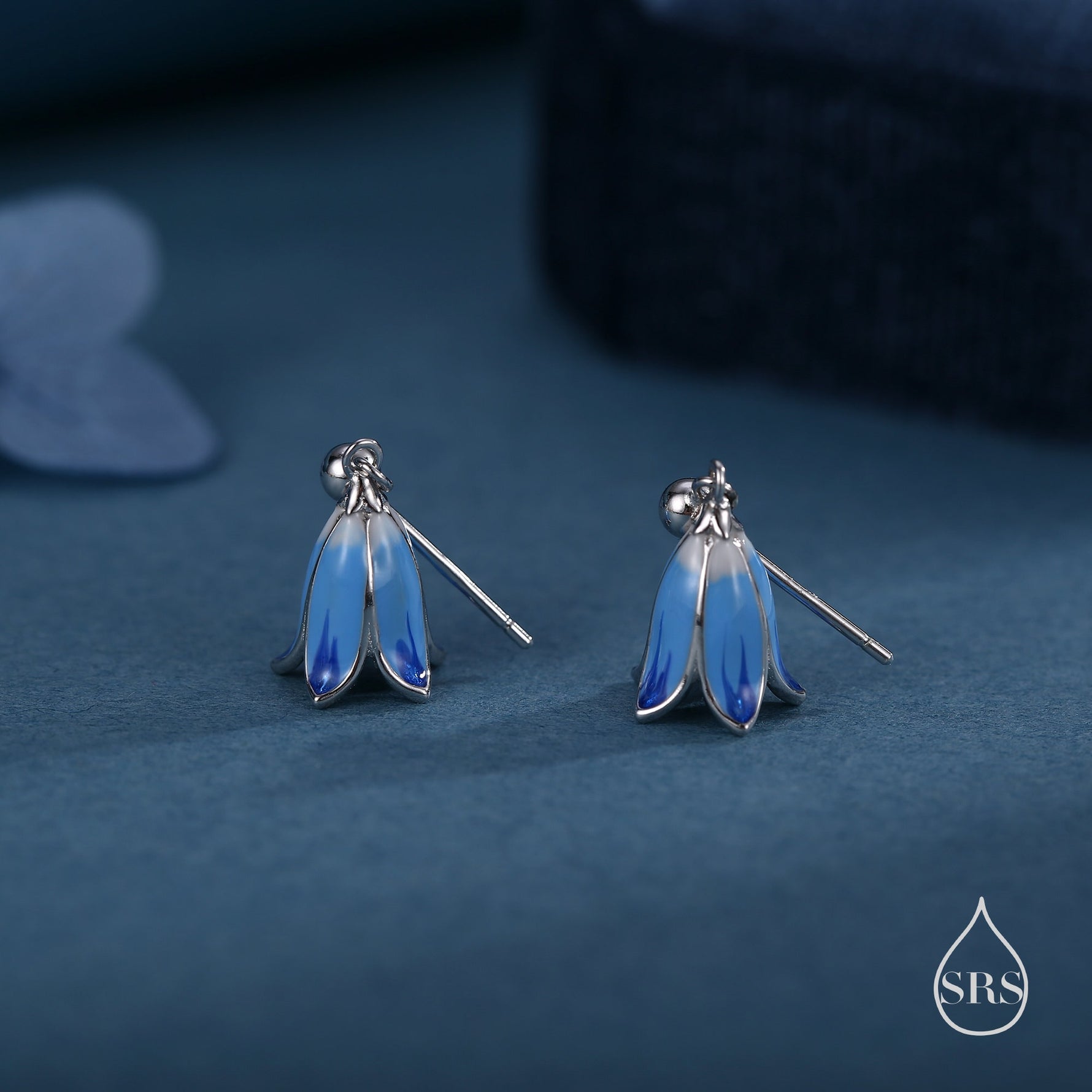Sterling Silver Enamel Bluebell Flower Drop Stud Earrings, Dainty Dangle Bluebell Flower Earrings, Snowdrop Earrings, Spring Flowers