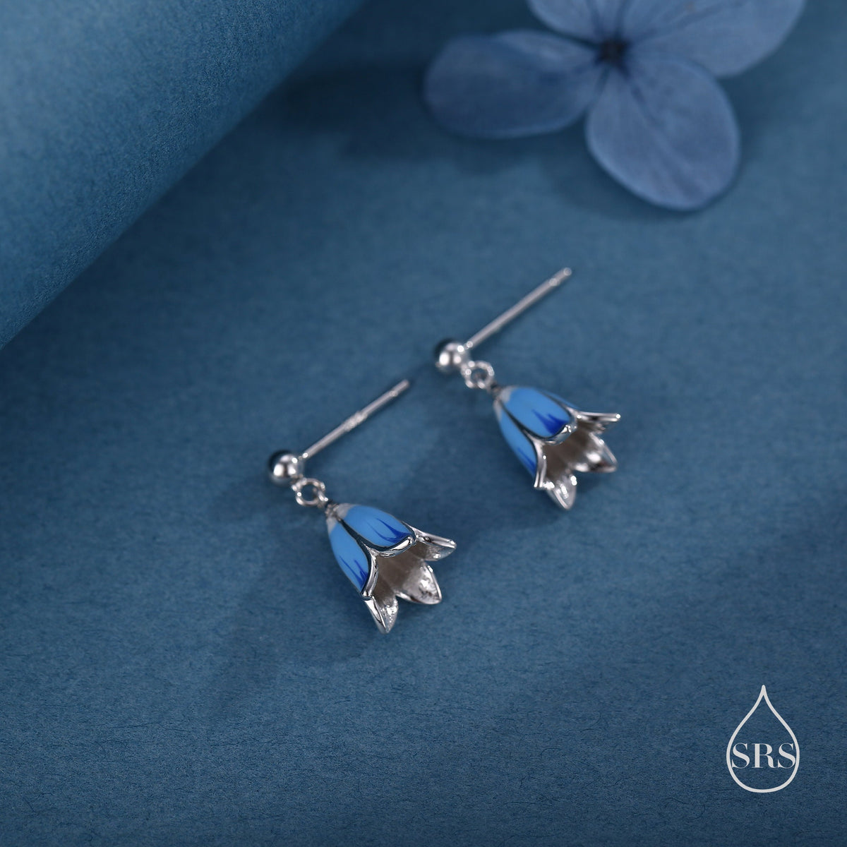 Sterling Silver Enamel Bluebell Flower Drop Stud Earrings, Dainty Dangle Bluebell Flower Earrings, Snowdrop Earrings, Spring Flowers