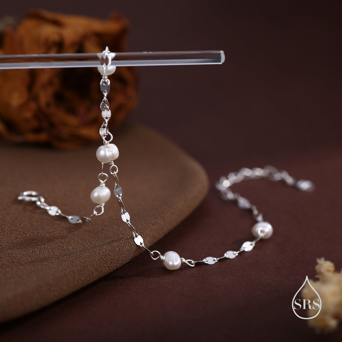 Sterling Silver Pearl Beaded Bracelet with Sparkly Disk Chain, Silver or Gold, Genuine Freshwater Pearls, Natural Pearl Bracelet