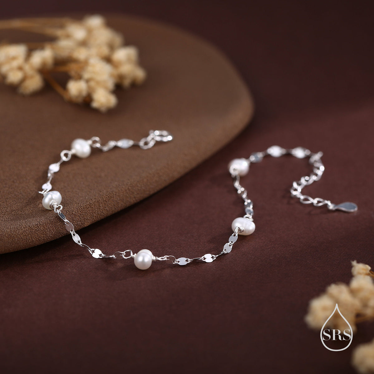 Sterling Silver Pearl Beaded Bracelet with Sparkly Disk Chain, Silver or Gold, Genuine Freshwater Pearls, Natural Pearl Bracelet