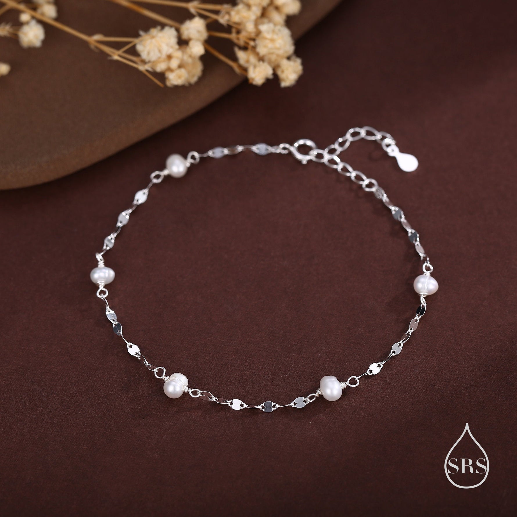 Sterling Silver Pearl Beaded Bracelet with Sparkly Disk Chain, Silver or Gold, Genuine Freshwater Pearls, Natural Pearl Bracelet