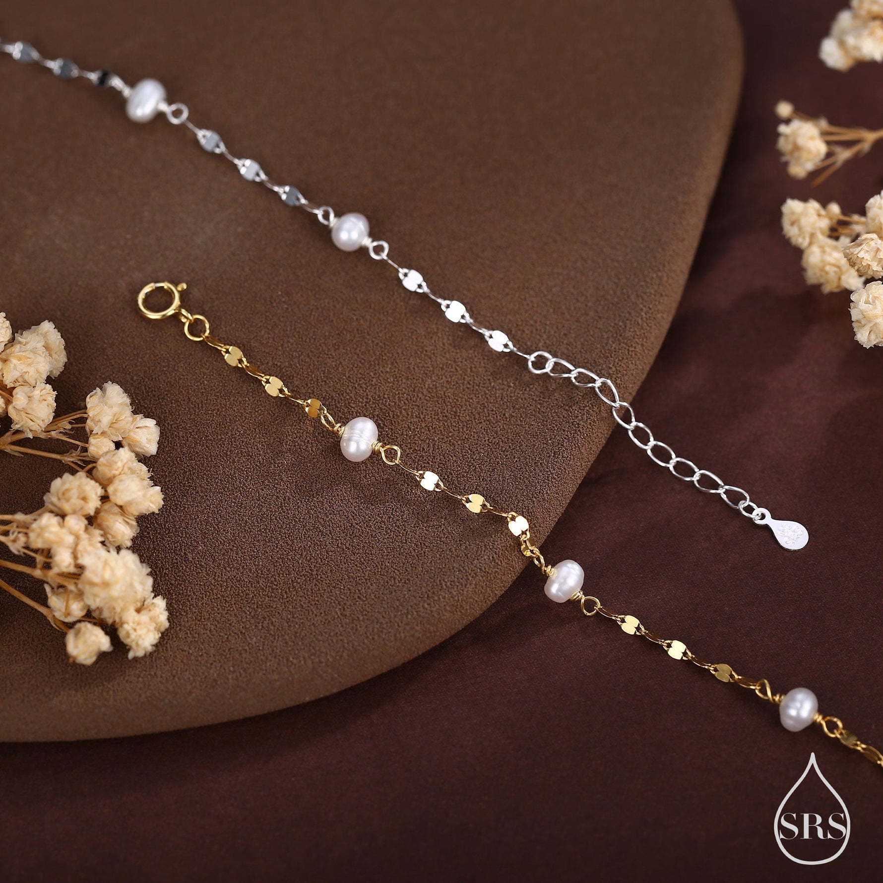 Sterling Silver Pearl Beaded Bracelet with Sparkly Disk Chain, Silver or Gold, Genuine Freshwater Pearls, Natural Pearl Bracelet