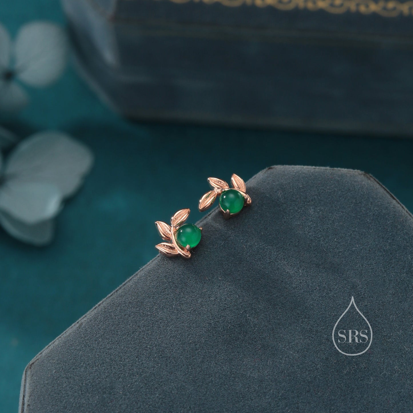 Tiny Leaf with Natural Green Onyx Stud Earrings in Sterling Silver, Silver, Gold or Rose Gold, Small Olive Leaf Stud, Leaf Earrings