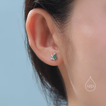 Tiny Leaf with Natural Green Onyx Stud Earrings in Sterling Silver, Silver, Gold or Rose Gold, Small Olive Leaf Stud, Leaf Earrings