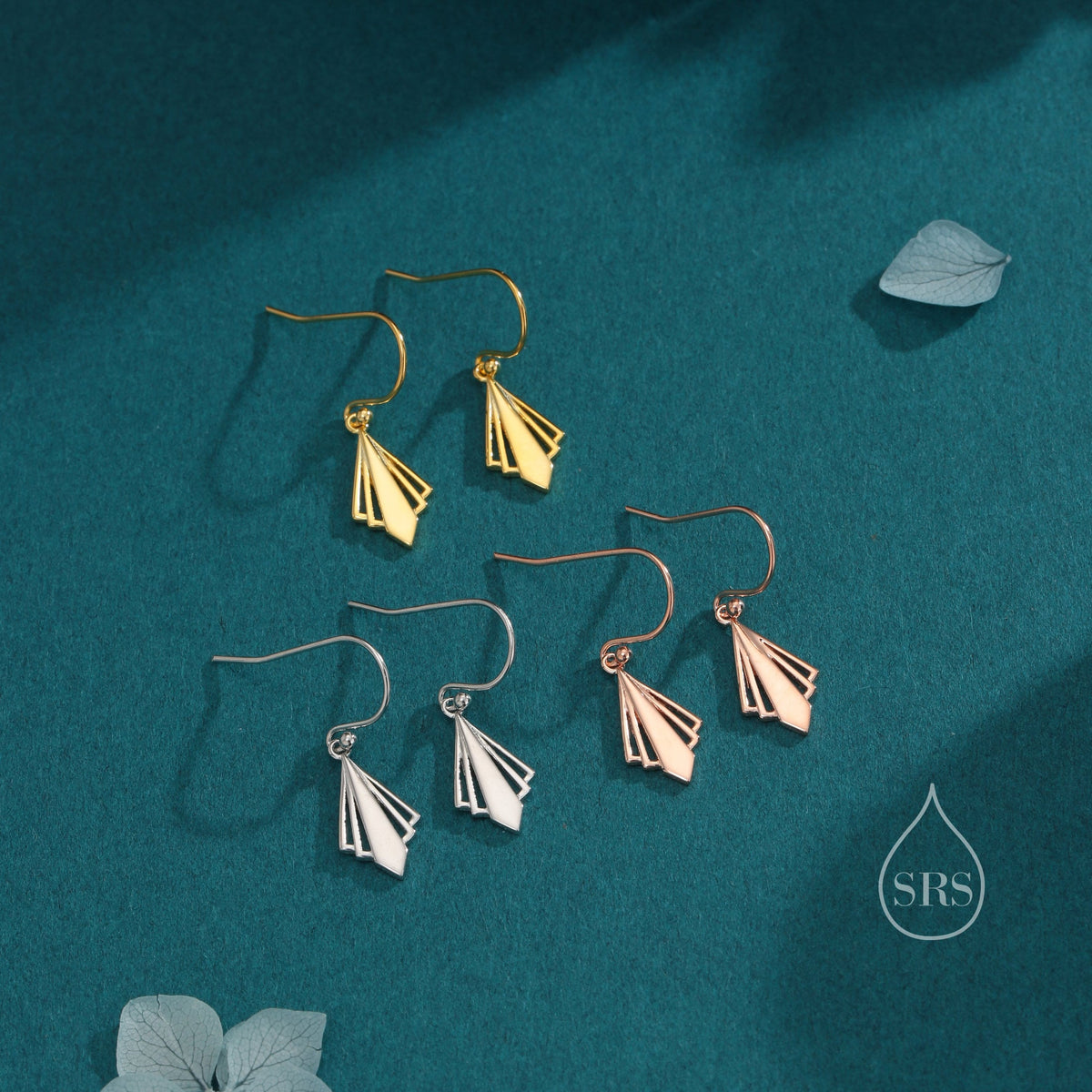 Art Deco Inspired Small Rhombus Drop Earrings in Sterling Silver, Silver or Gold or Rose Gold, Delicate Triangle Rhombus Earrings