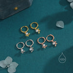 Tiny Leaf and Natural Pearl Huggie Hoop Earrings in Sterling Silver, Silver or Gold or Rose Gold, Genuine Freshwater Pearl Leaf Hoops