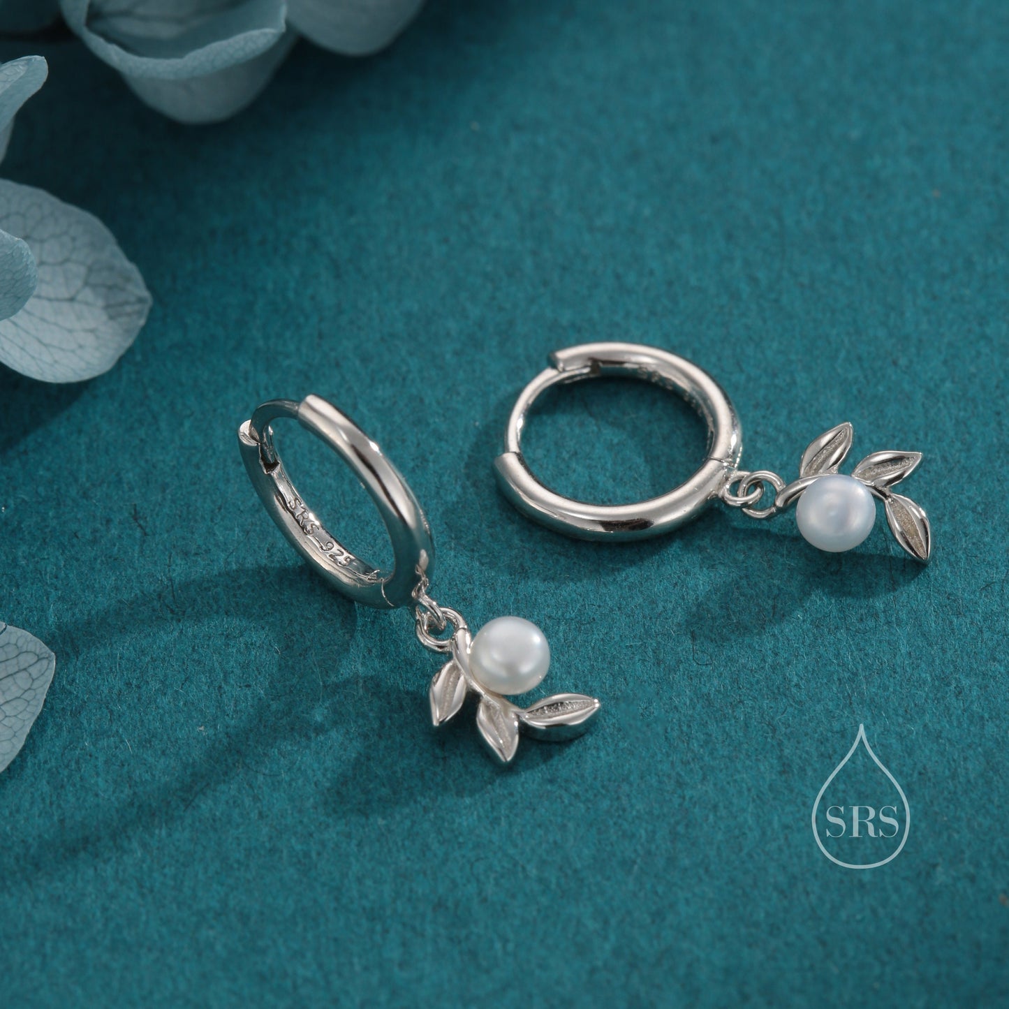 Tiny Leaf and Natural Pearl Huggie Hoop Earrings in Sterling Silver, Silver or Gold or Rose Gold, Genuine Freshwater Pearl Leaf Hoops