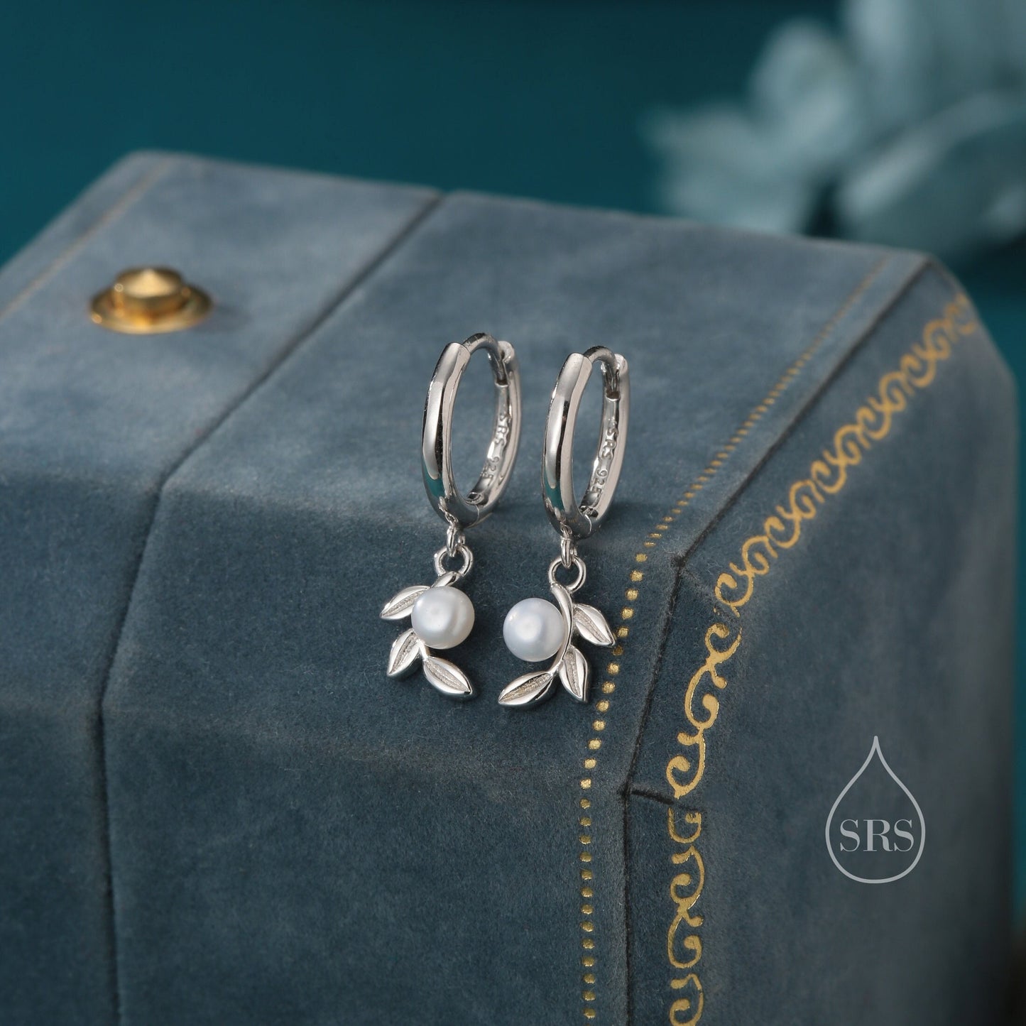 Tiny Leaf and Natural Pearl Huggie Hoop Earrings in Sterling Silver, Silver or Gold or Rose Gold, Genuine Freshwater Pearl Leaf Hoops