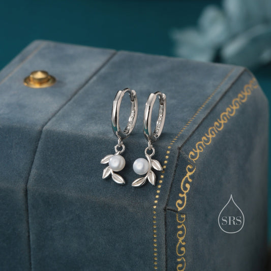 Tiny Leaf and Natural Pearl Huggie Hoop Earrings in Sterling Silver, Silver or Gold or Rose Gold, Genuine Freshwater Pearl Leaf Hoops