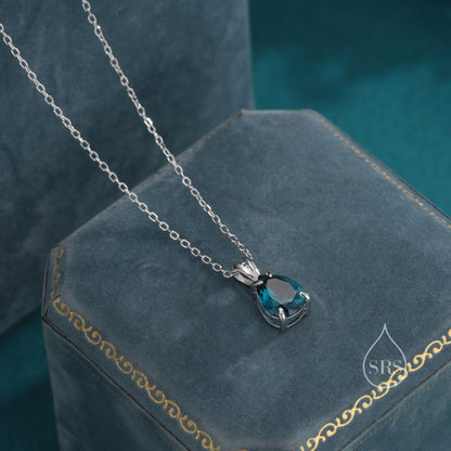 London Blue Pear Cut CZ Necklace in Sterling Silver, 7 x 9mm, Dark Blue Droplet necklace, Diamond CZ, September Birthstone