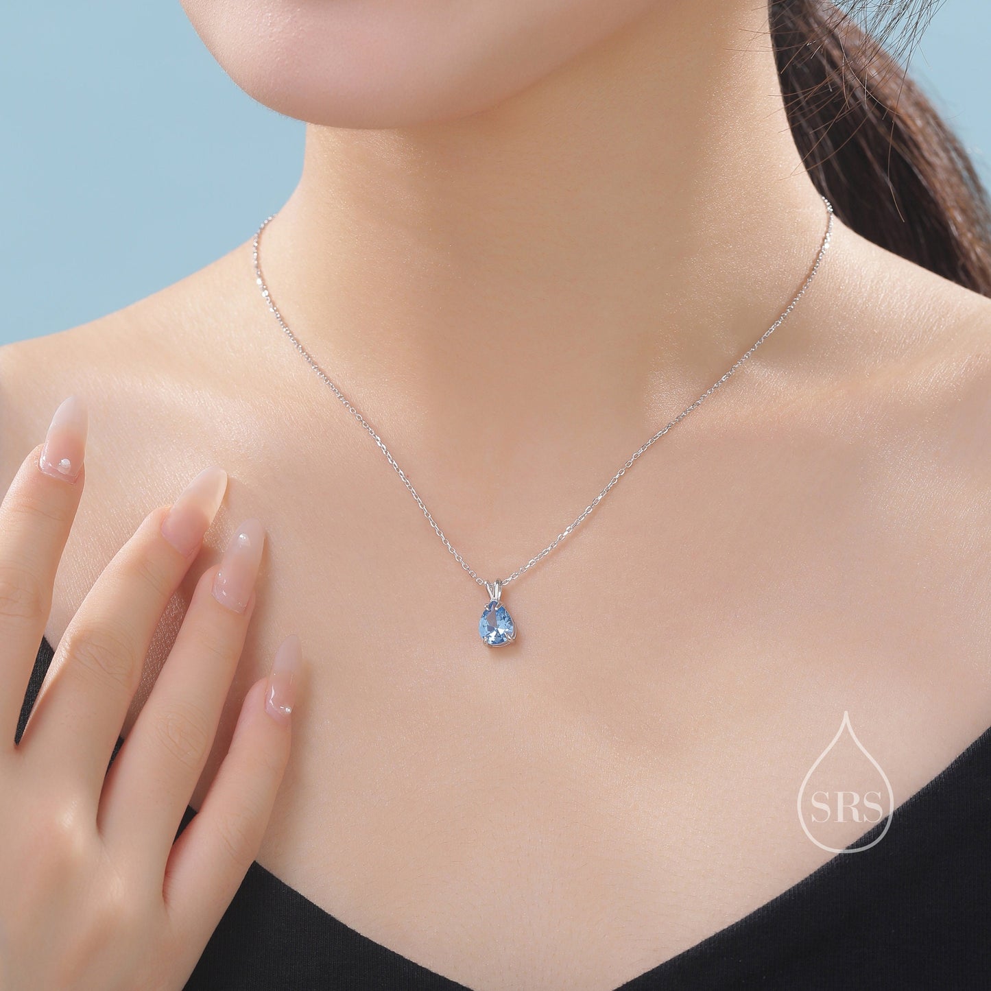 Aquamarine Blue CZ Pear Cut Pendant Necklace in Sterling Silver, 7 x 9mm, Blue Droplet necklace, Diamond CZ