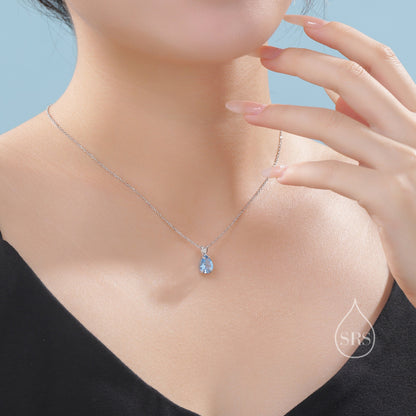 Aquamarine Blue CZ Pear Cut Pendant Necklace in Sterling Silver, 7 x 9mm, Blue Droplet necklace, Diamond CZ