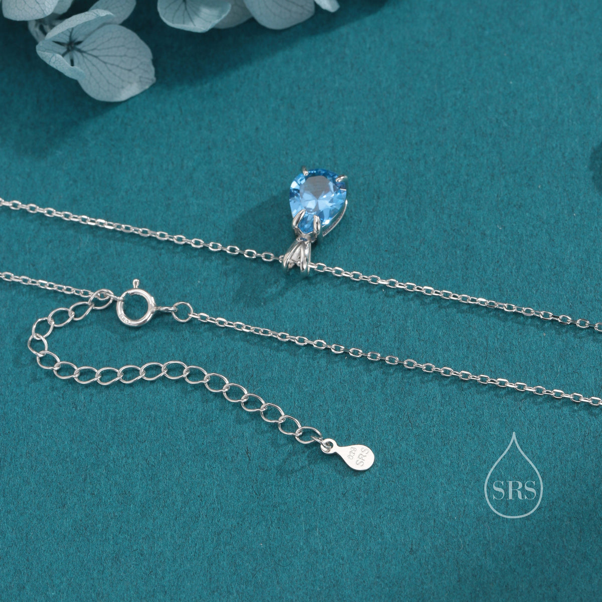 Aquamarine Blue CZ Pear Cut Pendant Necklace in Sterling Silver, 7 x 9mm, Blue Droplet necklace, Diamond CZ