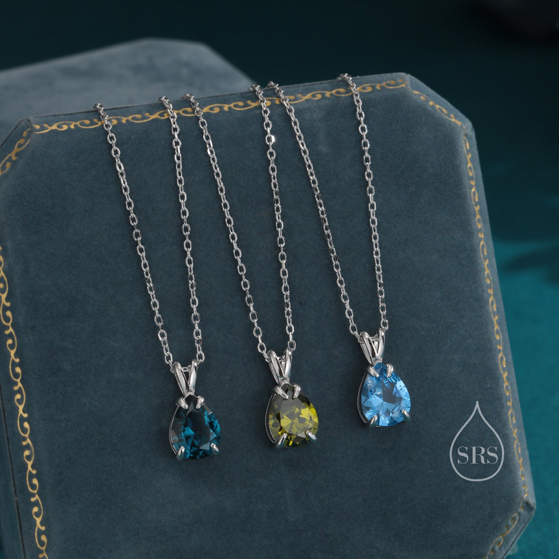Olive Green CZ Pear Cut Pendant Necklace in Sterling Silver, 7 x 9mm, Green Droplet necklace, Diamond CZ