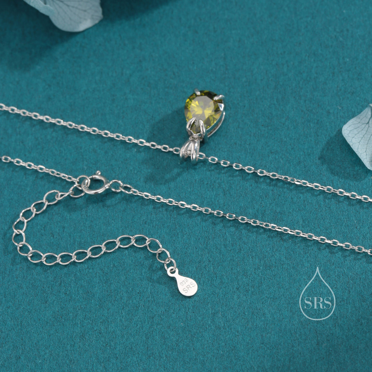 Olive Green CZ Pear Cut Pendant Necklace in Sterling Silver, 7 x 9mm, Green Droplet necklace, Diamond CZ