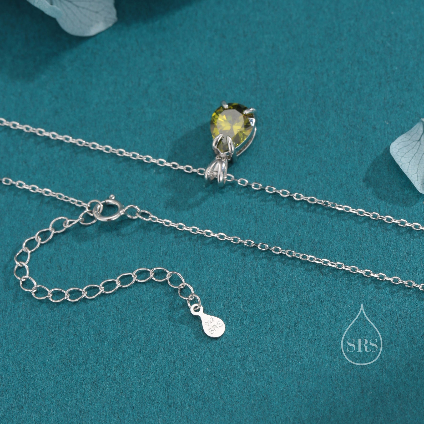 Olive Green CZ Pear Cut Pendant Necklace in Sterling Silver, 7 x 9mm, Green Droplet necklace, Diamond CZ