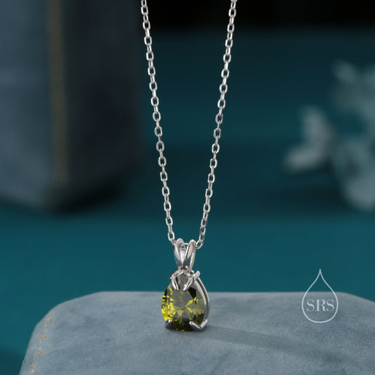 Olive Green CZ Pear Cut Pendant Necklace in Sterling Silver, 7 x 9mm, Green Droplet necklace, Diamond CZ