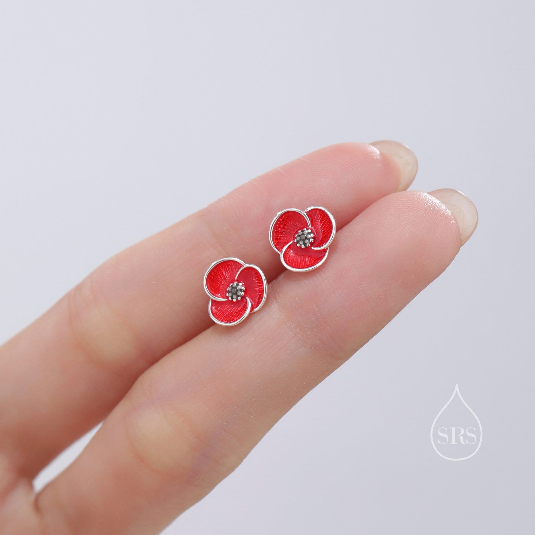 Poppy Flower Stud Earrings in Sterling Silver- Enamel Poppy Earrings - Flower Earrings - Blossom Earrings, August Birthflower