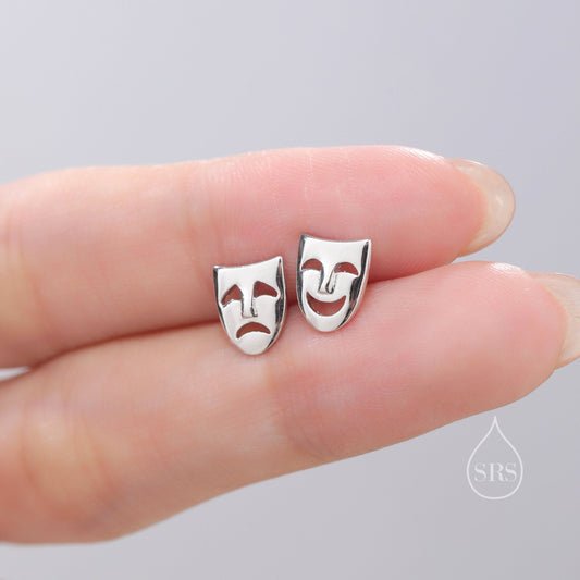 Theatre Mask Stud Earrings in Sterling Silver, Silver or Gold or Rose Gold, Asymmetric Comedy Tragedy Earrings, Mismatched Mask Earrings