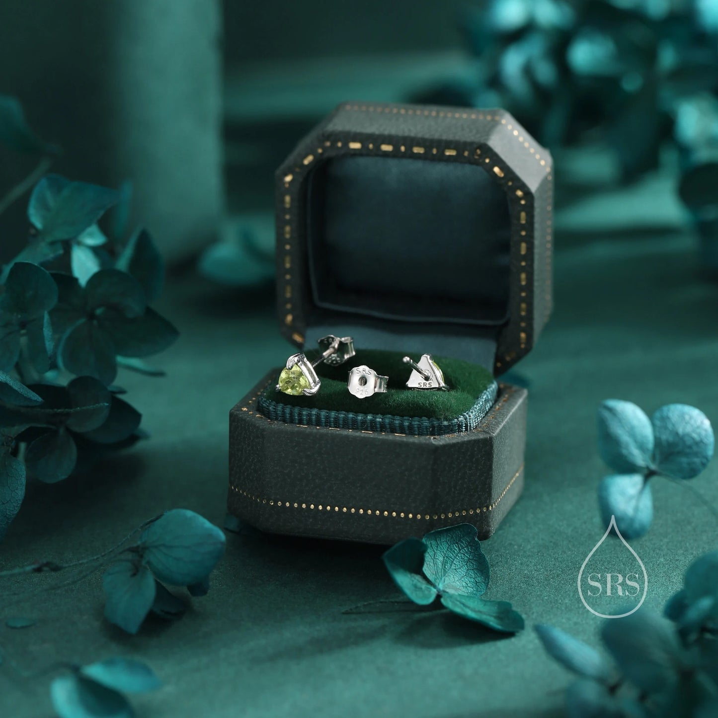 Genuine Peridot Stud Earrings in Sterling Silver, Silver or Gold, Trillion Cut Natural Green Peridot Earrings, Double Pronged