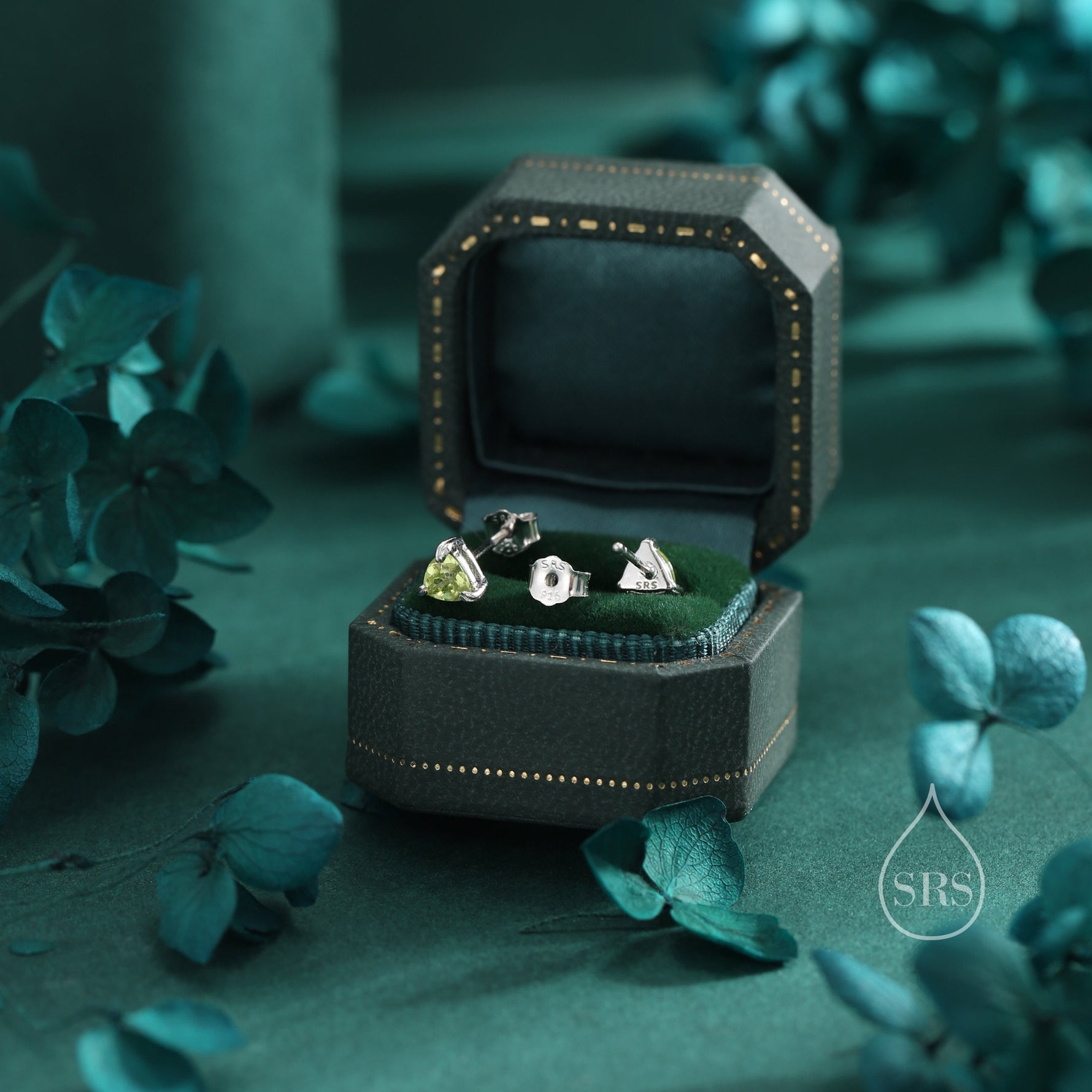 Genuine Peridot Stud Earrings in Sterling Silver, Silver or Gold, Trillion Cut Natural Green Peridot Earrings, Double Pronged