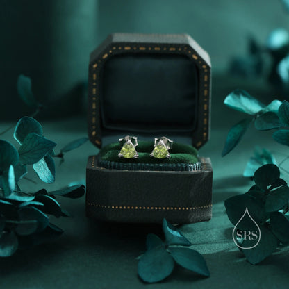 Genuine Peridot Stud Earrings in Sterling Silver, Silver or Gold, Trillion Cut Natural Green Peridot Earrings, Double Pronged