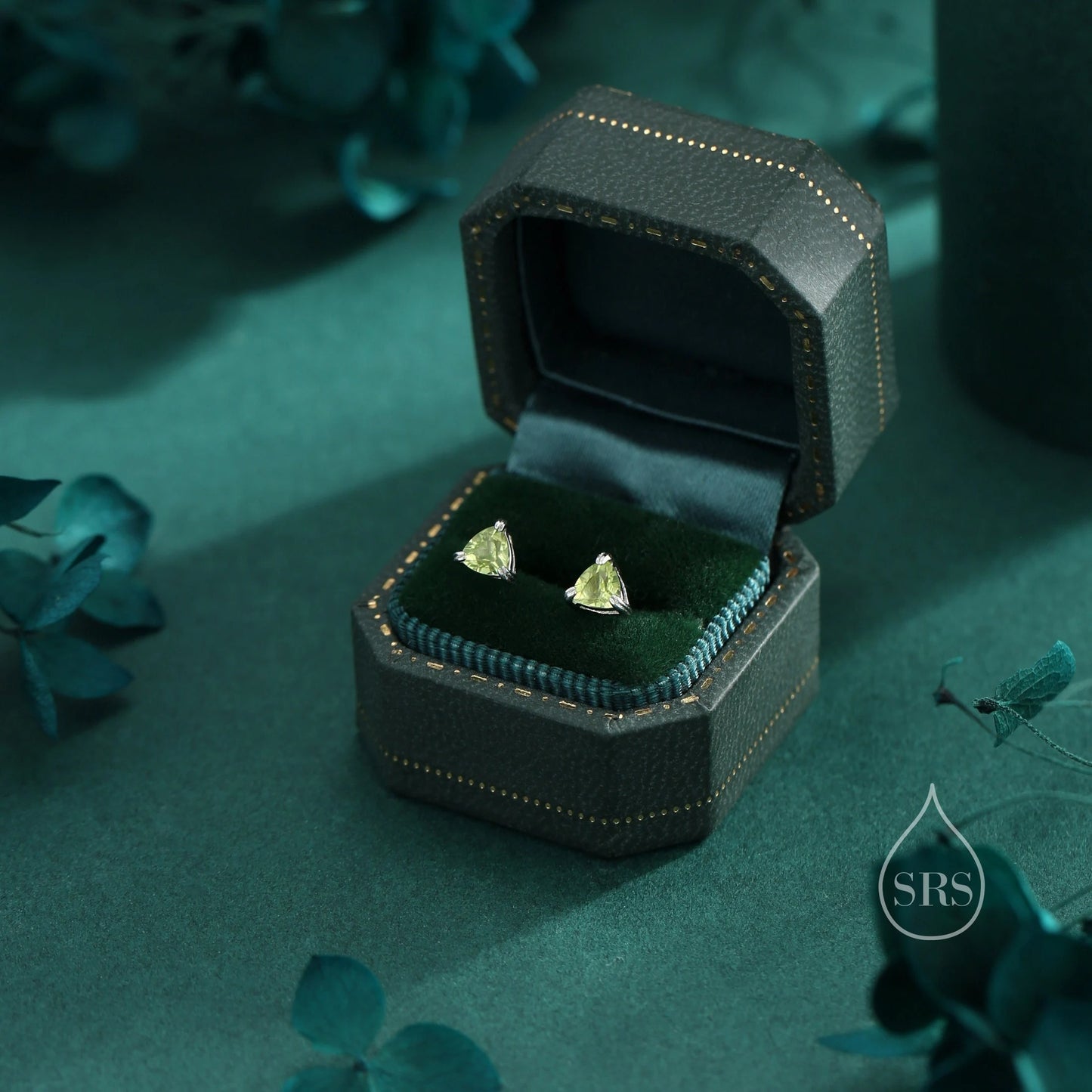 Genuine Peridot Stud Earrings in Sterling Silver, Silver or Gold, Trillion Cut Natural Green Peridot Earrings, Double Pronged