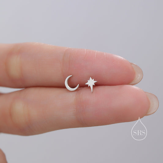 Mismatched Starburst and Moon Stud Earrings in Sterling Silver, Minimalist, Silver or Gold or Rose Gold, Asymmetric Star and Moon Earrings