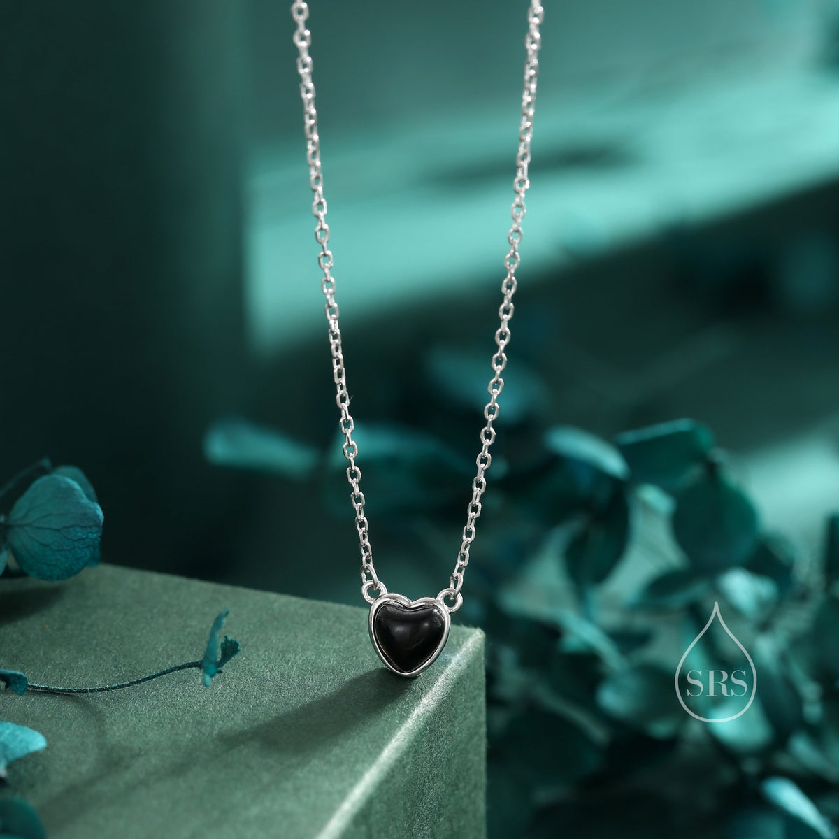 Genuine Black Onyx Heart Pendant Necklace in Sterling Silver, Silver or Gold, Natural Black Onyx Necklace
