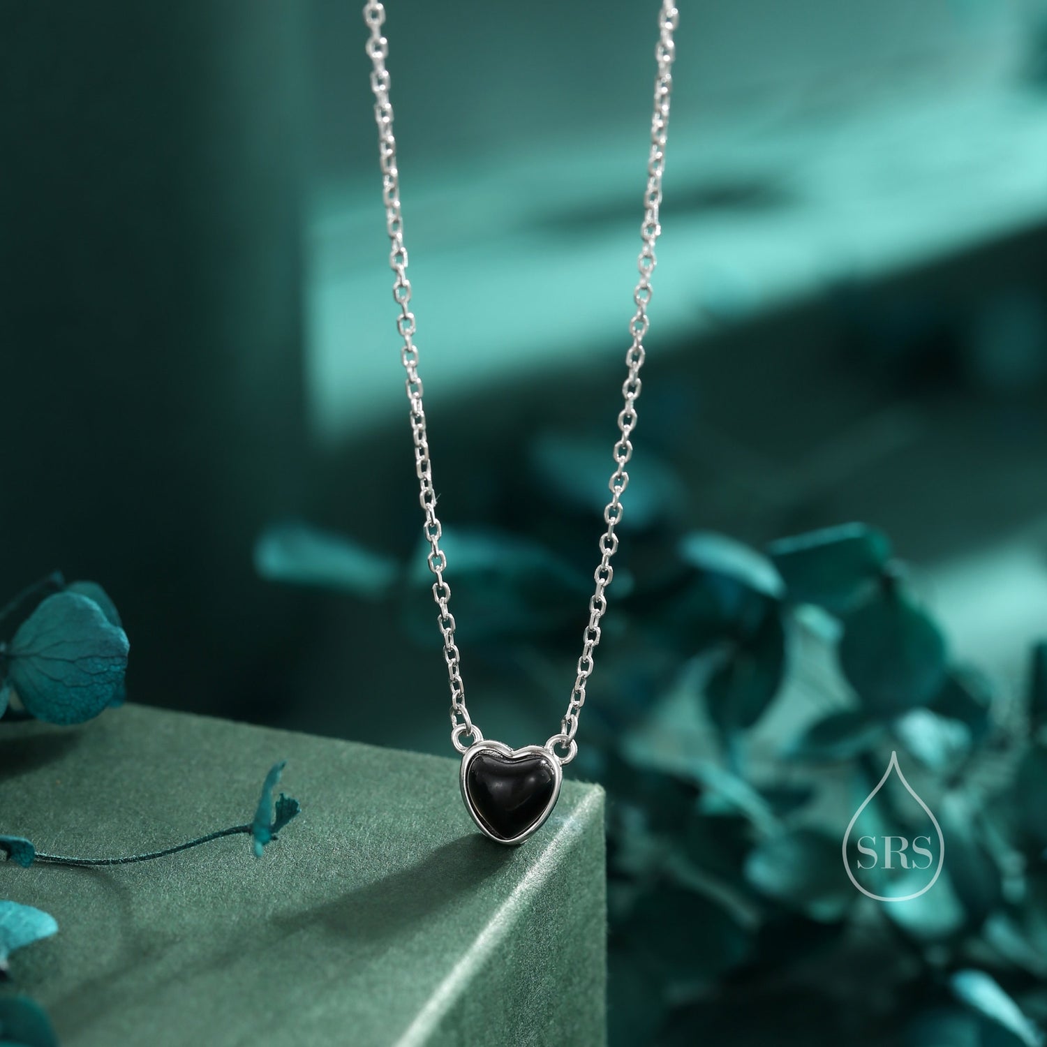 Genuine Black Onyx Heart Pendant Necklace in Sterling Silver, Silver or Gold, Natural Black Onyx Necklace